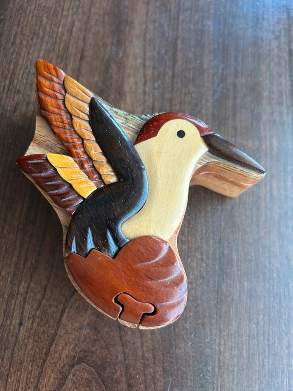 TBG Woodworks Hummingbird Handmade Carved Wood Intarsia Puzzle Box